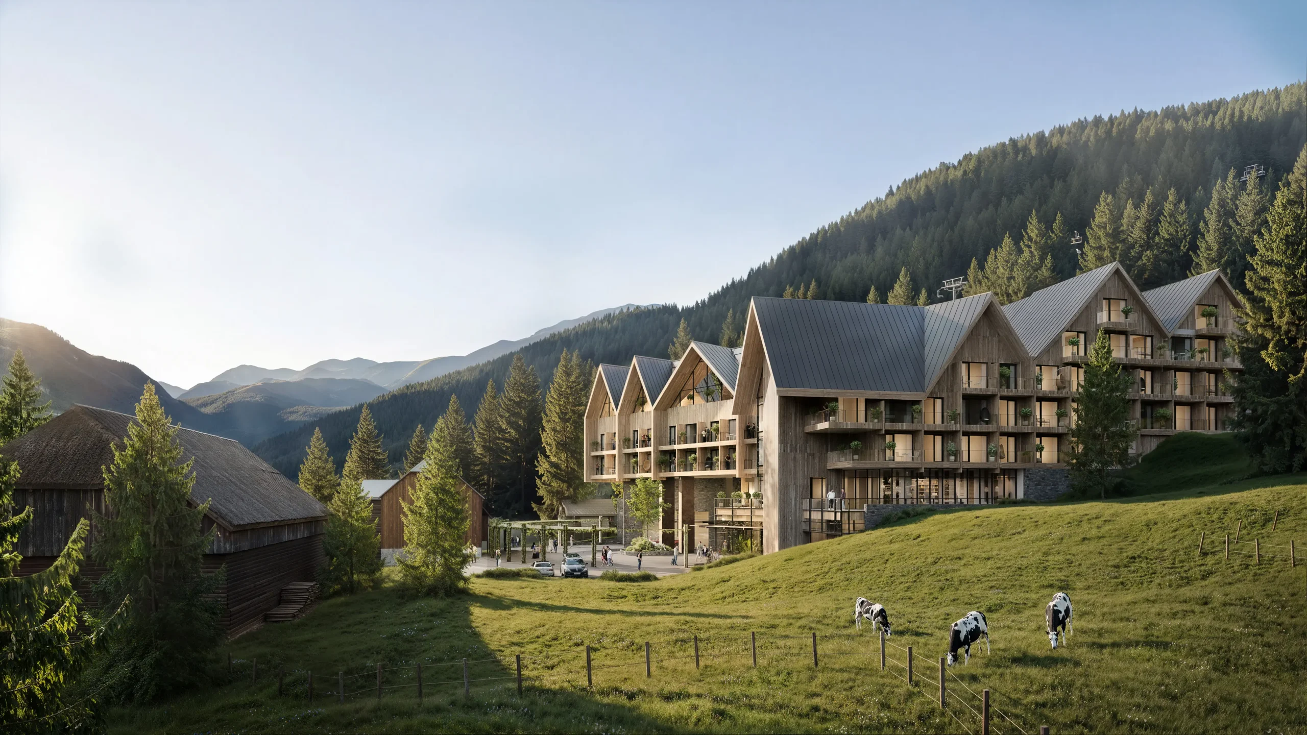 Yusuf Onder Architekt – Modernes Resort mit geneigten Dachflächen und großflächiger Glasfassade mit Blick ins Tal